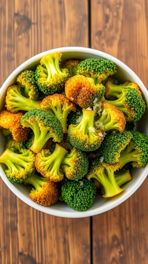 Crispy air fryer broccoli garnished with Parmesan cheese on a rustic wooden table.